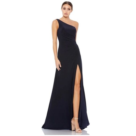 Mac Duggal 26163 Midnight Blue One Shoulder Ruched Jersey Evening Size 14 - Picture 2 of 6